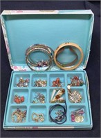 Jewelry box with contents - bracelets, earrings,