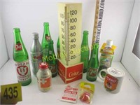 COCA-COLA GLASS BOTTLES, THERMOMETER & MORE