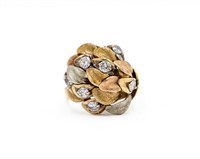 White Sapphire 18k Gold Textured Leaf Dome Ring