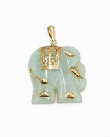 White Jade Carved 14k Gold Elephant Pendant