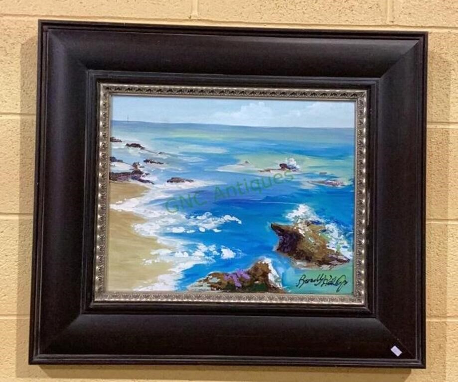 Original oil on canvas of seaside. Framed in a