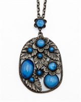 Czech Nouveau Blue Glass Floral Necklace