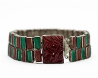 Czech Green/Red Signed Bracelet, Carved Clasp
