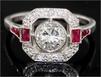18kt Gold 1.45 Natural Diamond & Ruby Deco Ring