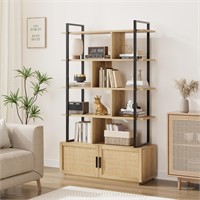 5 Tier Rattan Bookshelf with Storage Cabinet &