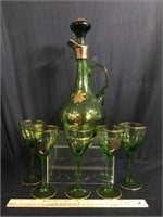 Antique Romania Glass Decanter & Stemware