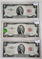 3XBID, 3 1953 RED SEAL $2 NOTES