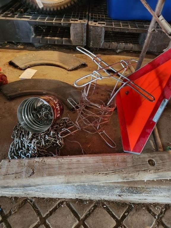 Barbed Wire Reel, Chains, Reflector Sign