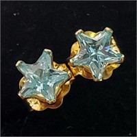 9K YELLOW GOLD BLUE CZ   EARRINGS, MADE IN CANADA