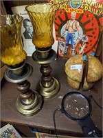 PAIR OF CANDLEHOLDERS, BOOKENDS AND MAGNIFIER