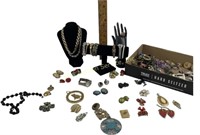 Costume jewelry necklaces, watch, pins, pierced