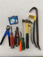 LOT ASSORTED TOOLS - HAMMER, PRYBAR