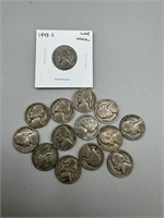 Lot of 14 Silver War Nickels - variety of dates