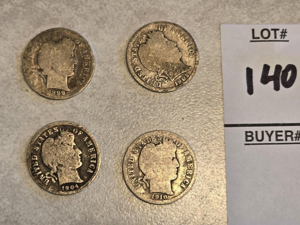 4 Barber head dimes 1899, 1902, 1904 & 1910