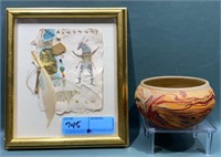 NATIVE AMERICAN POTTERY BOWL & ARTWORK