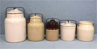 (5) Antique Stoneware Jars w/ Lids