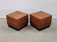 Pair Teak Cube Pedestal Side Tables