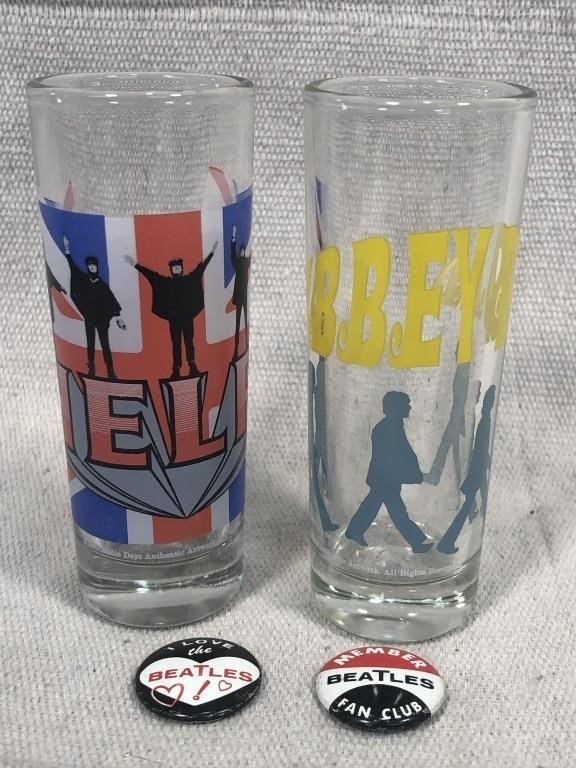 Beatles shot glasses and buttons