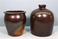Brown Glazed Stoneware Jug + Crock
