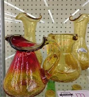 Vintage hand blown rainbow glass pitchers and