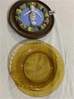 AMBER GLASS 9" PLATE AND ITALY PLATE HAS CRACK