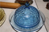 US GLASS 1920'S AUNT POLLY'S BLUE BUTTER DISH