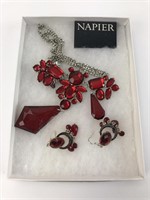 Vtg Ruby Red Necklace & Earrings Set
