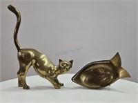 Brass Cat Sculpture + Etched Brass Fish Dish
