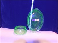 URANIUM GLASS BOWL & PLATTER, BOWL HAS SMALL CHIP