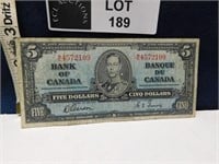 1937 CANADA 5 DOLLARS NOTE GORDON TOWERS