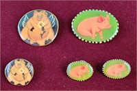 Flying pig pin and one earring, pink pig green