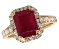 14k Gold 3.02 ct Emerald Cut Ruby & Diamond Ring