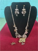 Airplane necklace, earrings, and pin set,
