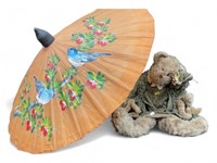Hand Crafted Lg Teddy Bear, Hand Painted Parasol
