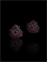 Antique Aged Sterling Silver Ruby Cluster Earrings