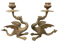 Pair Vintage Bronze Griffin Candle Holders
