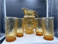 Amber flowers pitcher and 4 cups