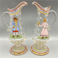 2 Vintage Bohemian Painted Glass Pitcher/ Ewers