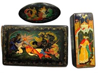 3 Vintage Czech Style Enameled Boxes, Brooch