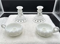 4 milk glass candle holders