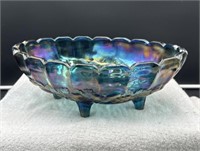 4 footed blue carnival glass bowl