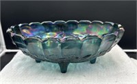 Carnival glass 4 footed blue bowl