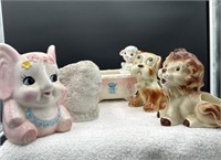 Grouping of 5 planters, elephant, lamb, lion, dog