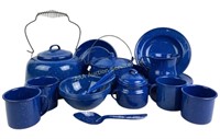 Blue enamelware set includes teapot  kettle,