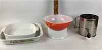 Pyrex bowl, casserole dish, Rotary Flour Sifter