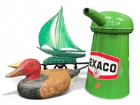 Signed Wood Carved Duck, Old Texaco Oil Can,