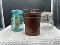 Mini crock and 2 ball jars with glass lids