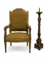 Gilded Armchair w/ Carvings, Tall Candle Stand