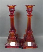 Pair of Red/ Amberina Eiffel Tower Candle Holders