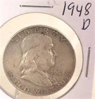 1948 D Benjamin Franklin Silver Half Dollar
